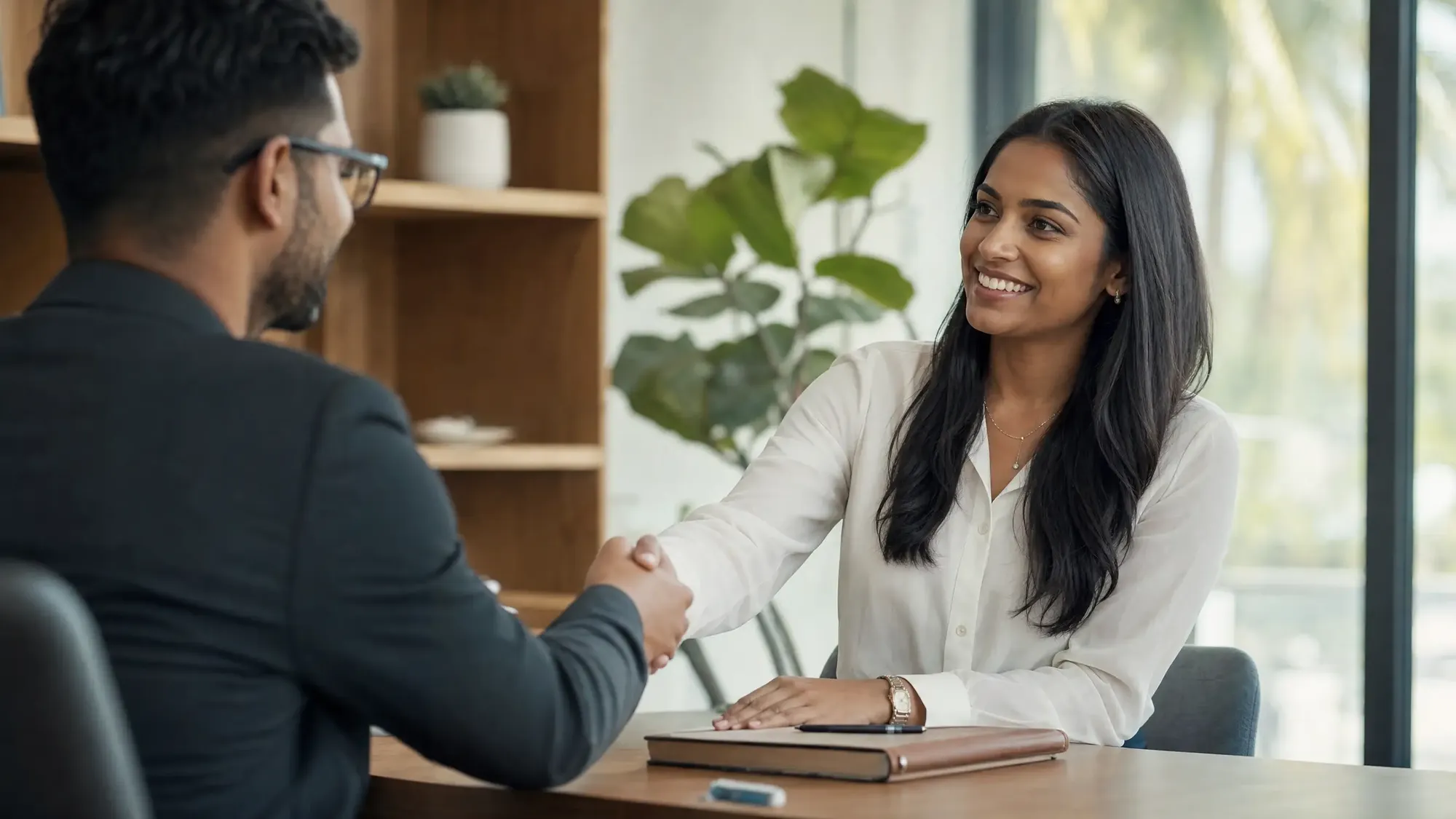 Recruiter and candidate shaking hands in an office