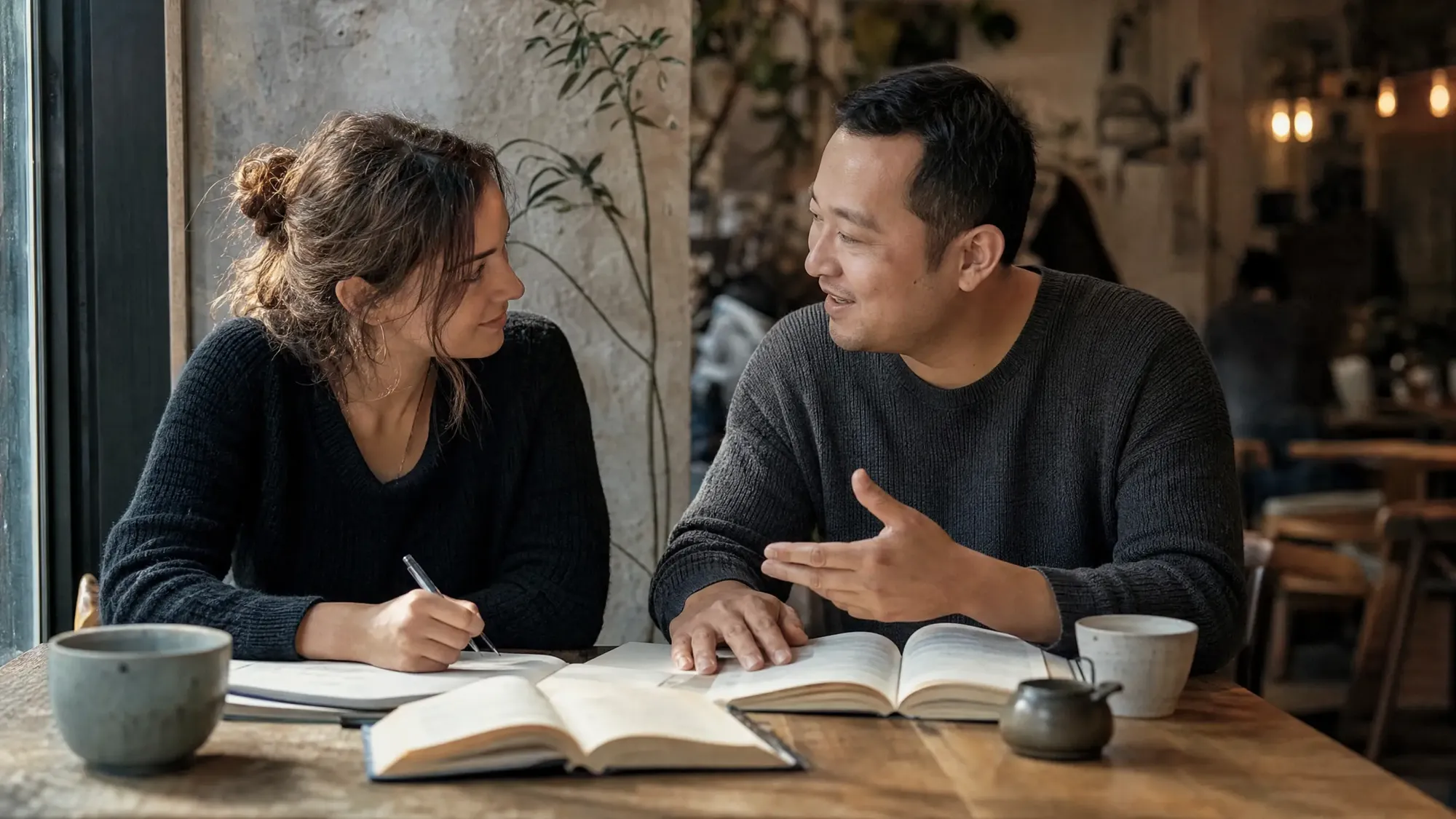 Teacher and student during an English lesson in a café