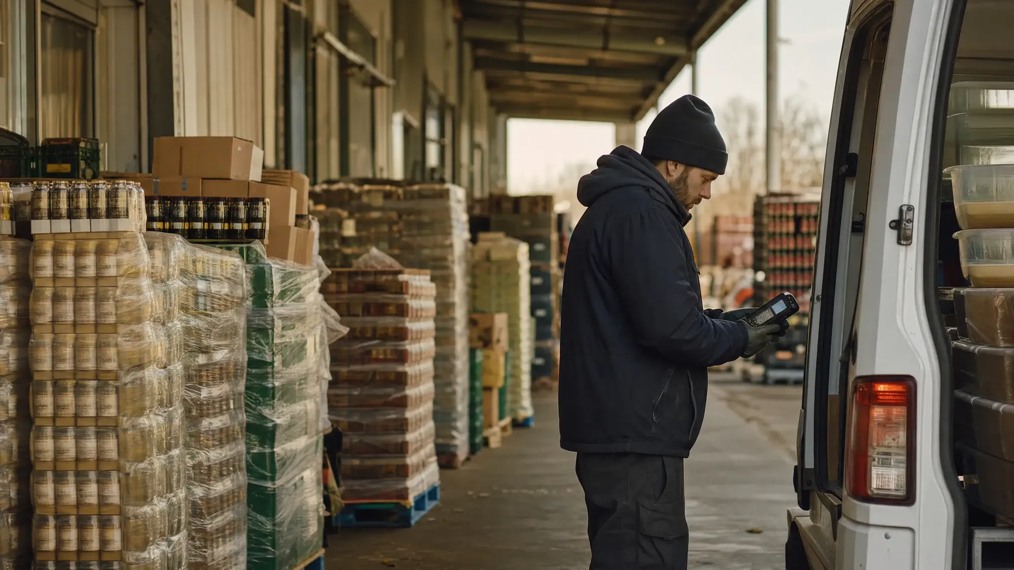 Food distribution warehouse with stacked pallets and a delivery van