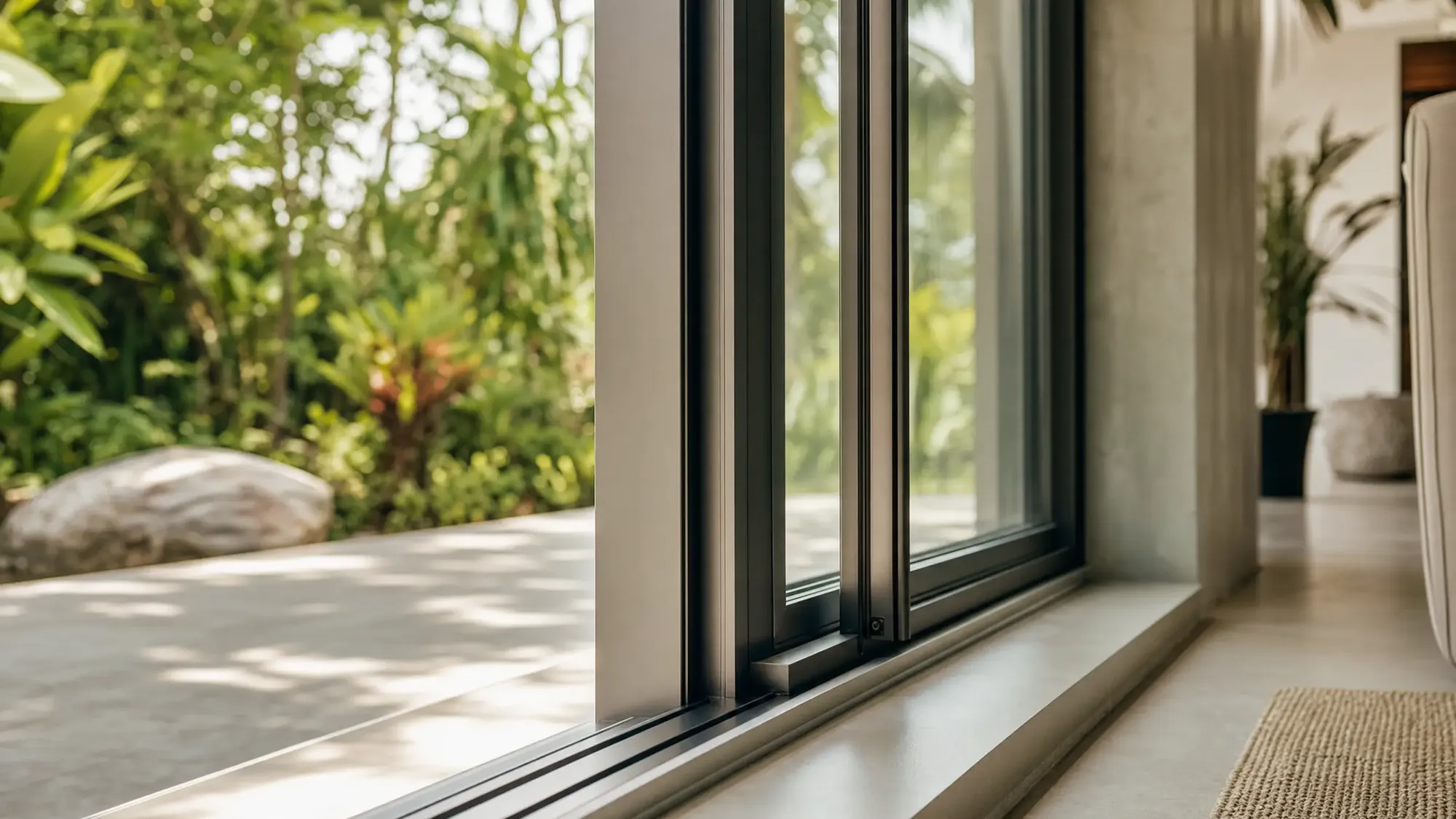 Aluminium sliding doors opening onto a tropical garden