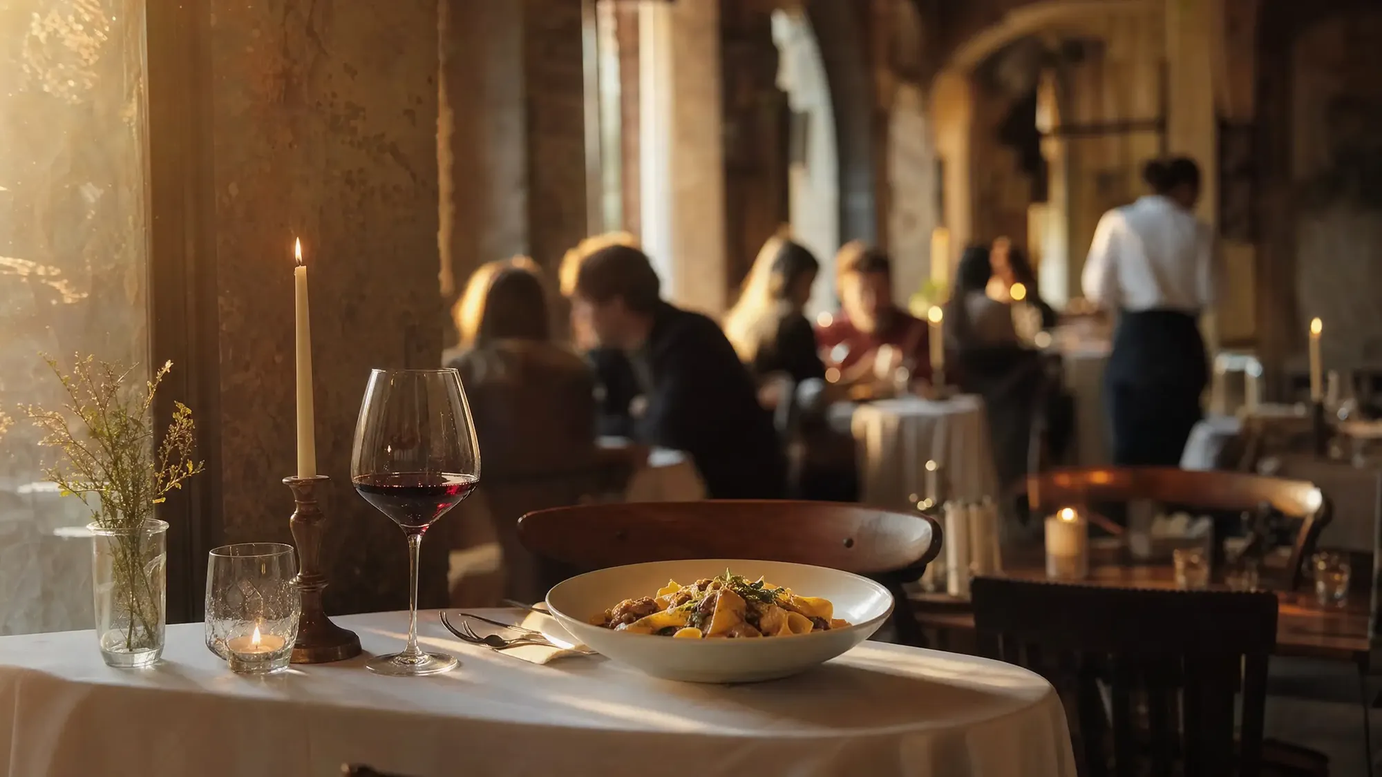 Candlelit trattoria table with pasta and red wine