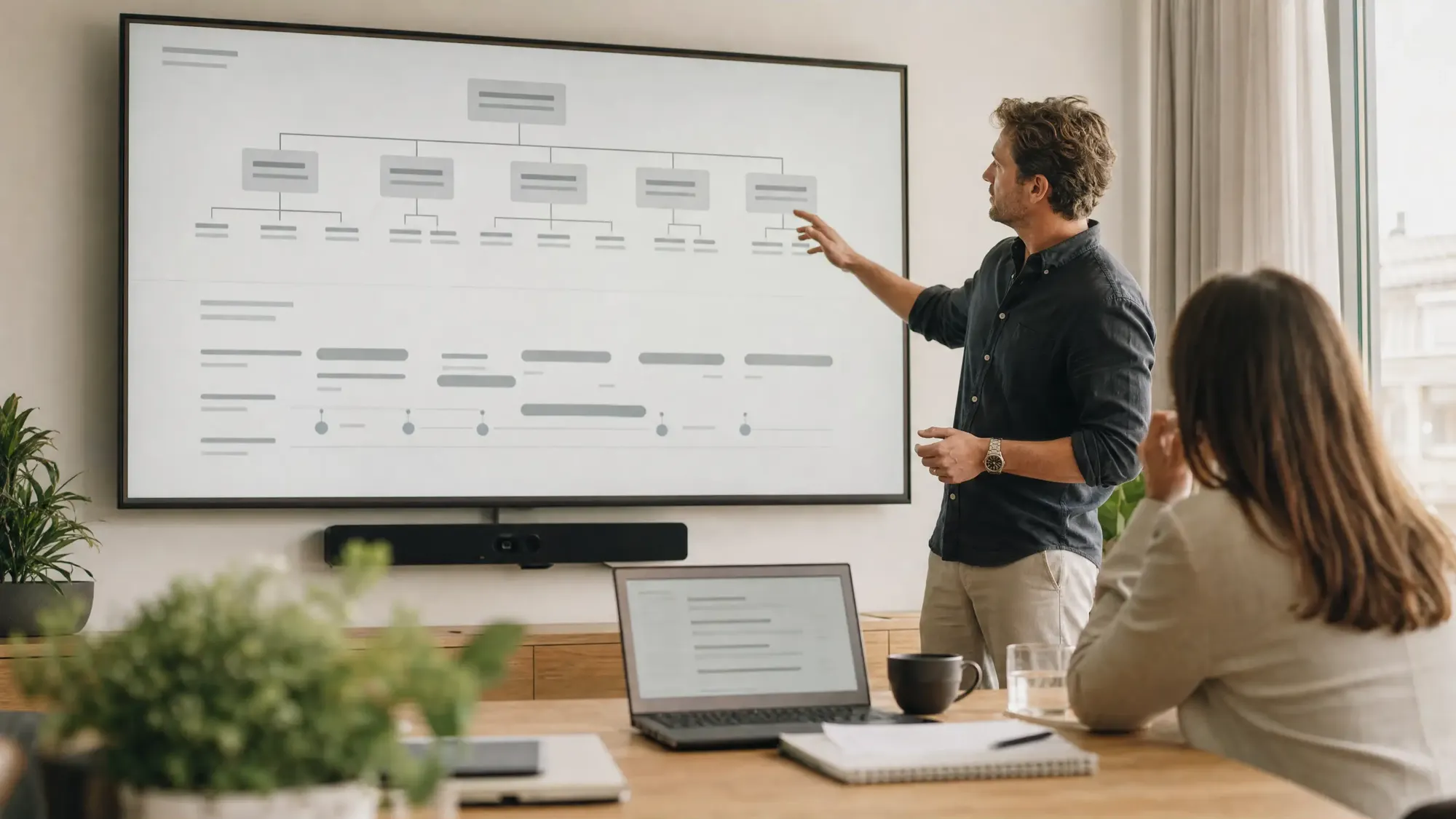 Consultant presenting a website sitemap and roadmap to a client