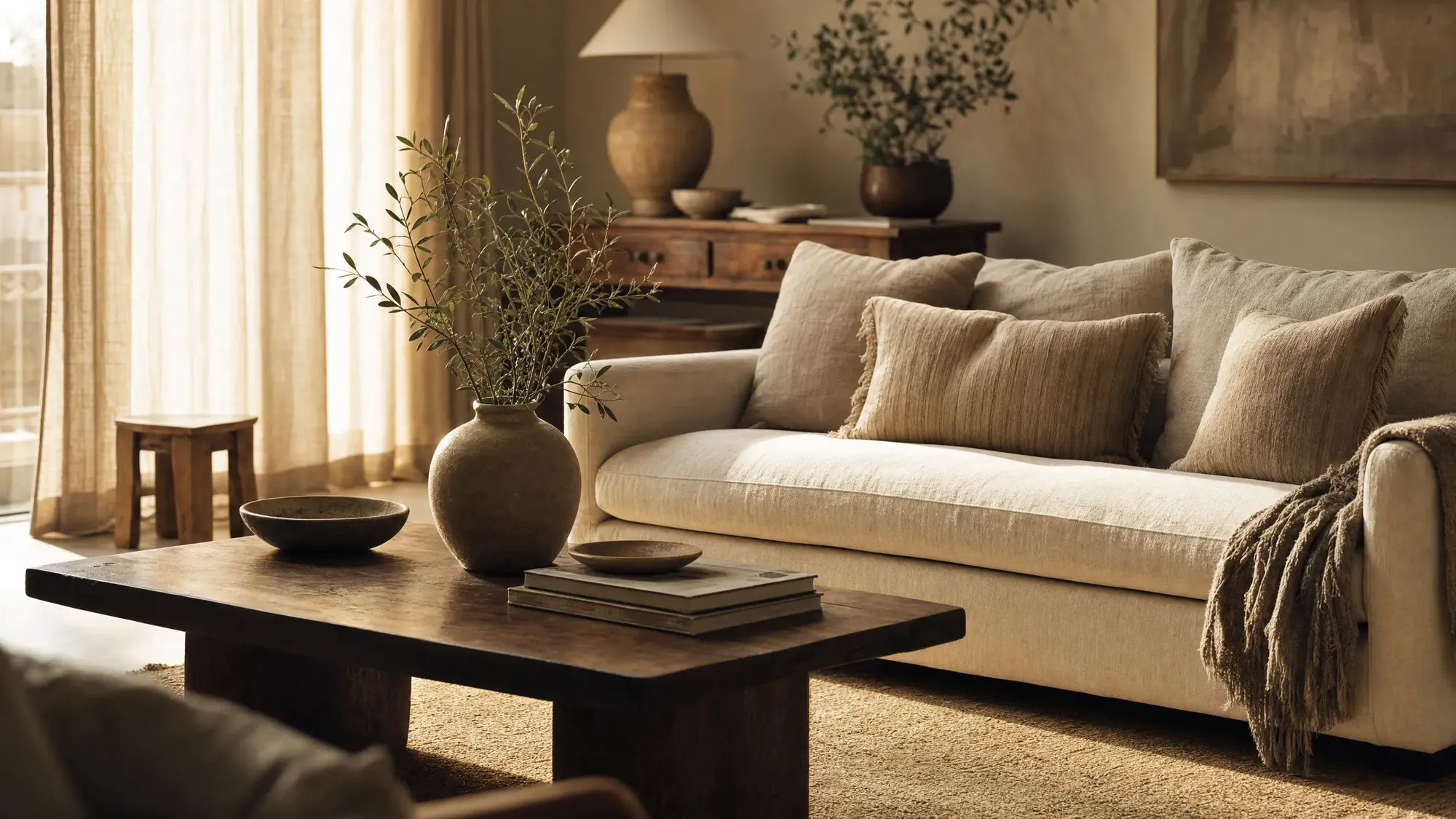 Warm living room with a linen sofa and ceramics