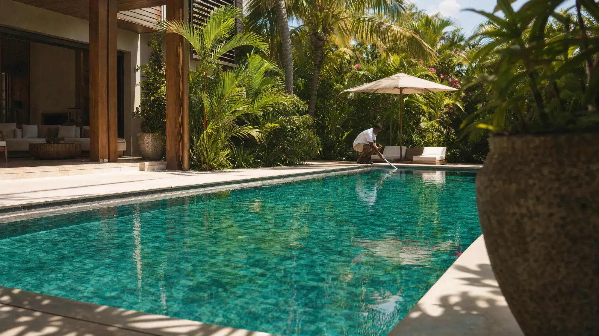 Clear turquoise pool at a modern tropical villa