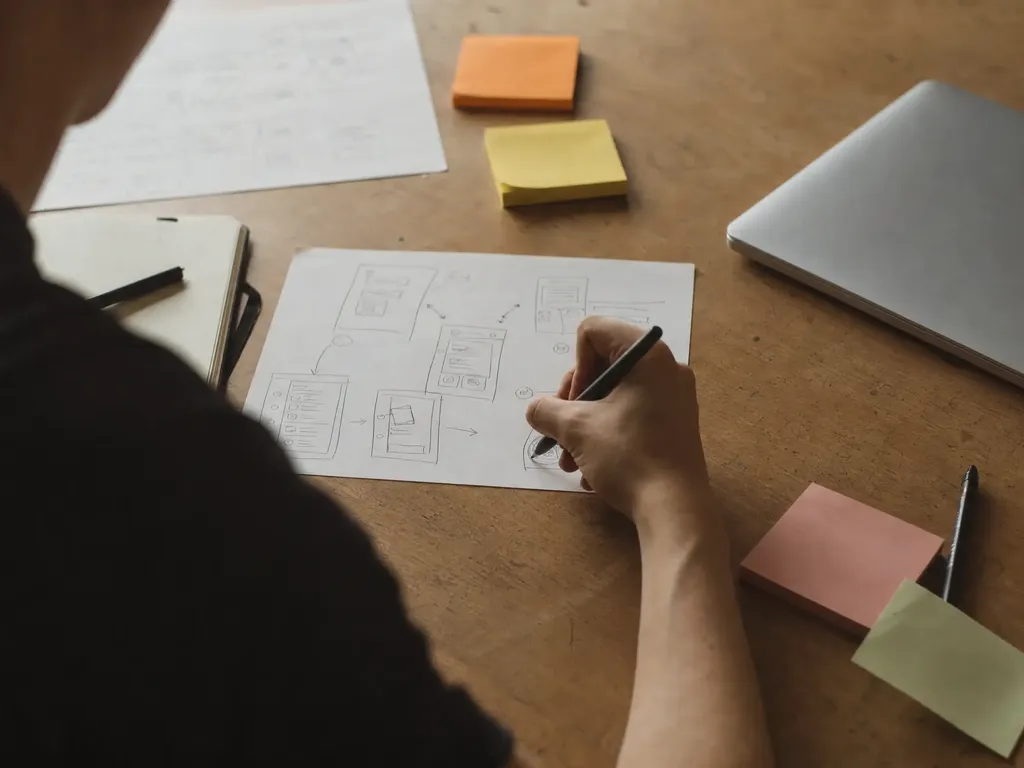 Un designer esquisse des parcours utilisateurs entre des post-it
