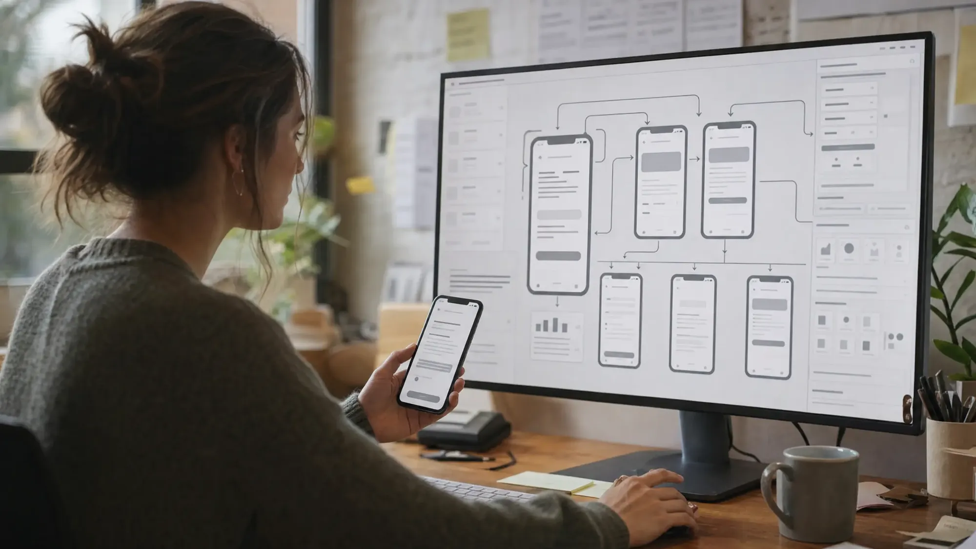 Designer travaillant sur des écrans d'application mobile et un prototype