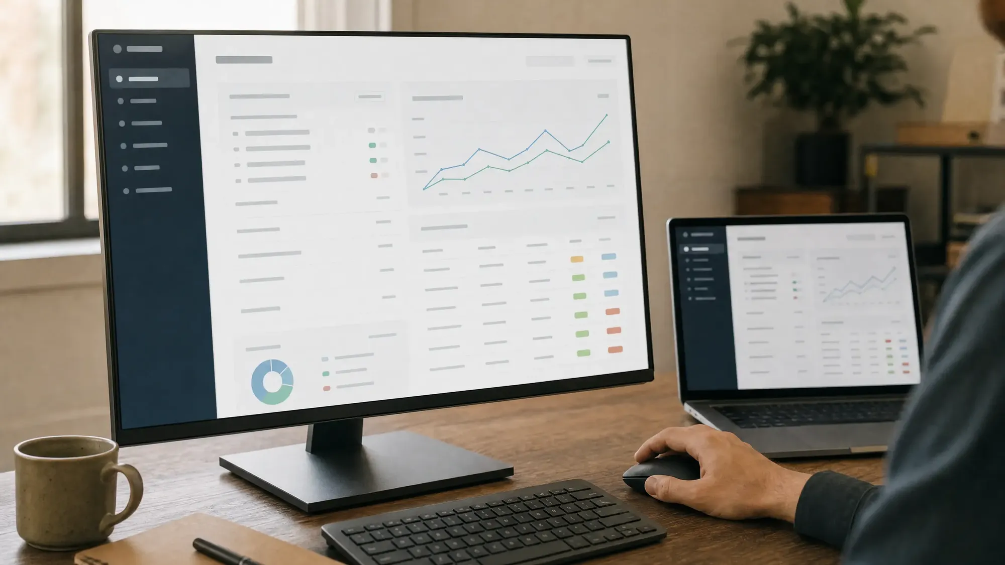 Tableau de bord d'application web avec graphiques et tableaux à l'écran