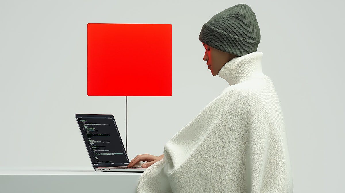 Person coding on laptop beside red lamp.